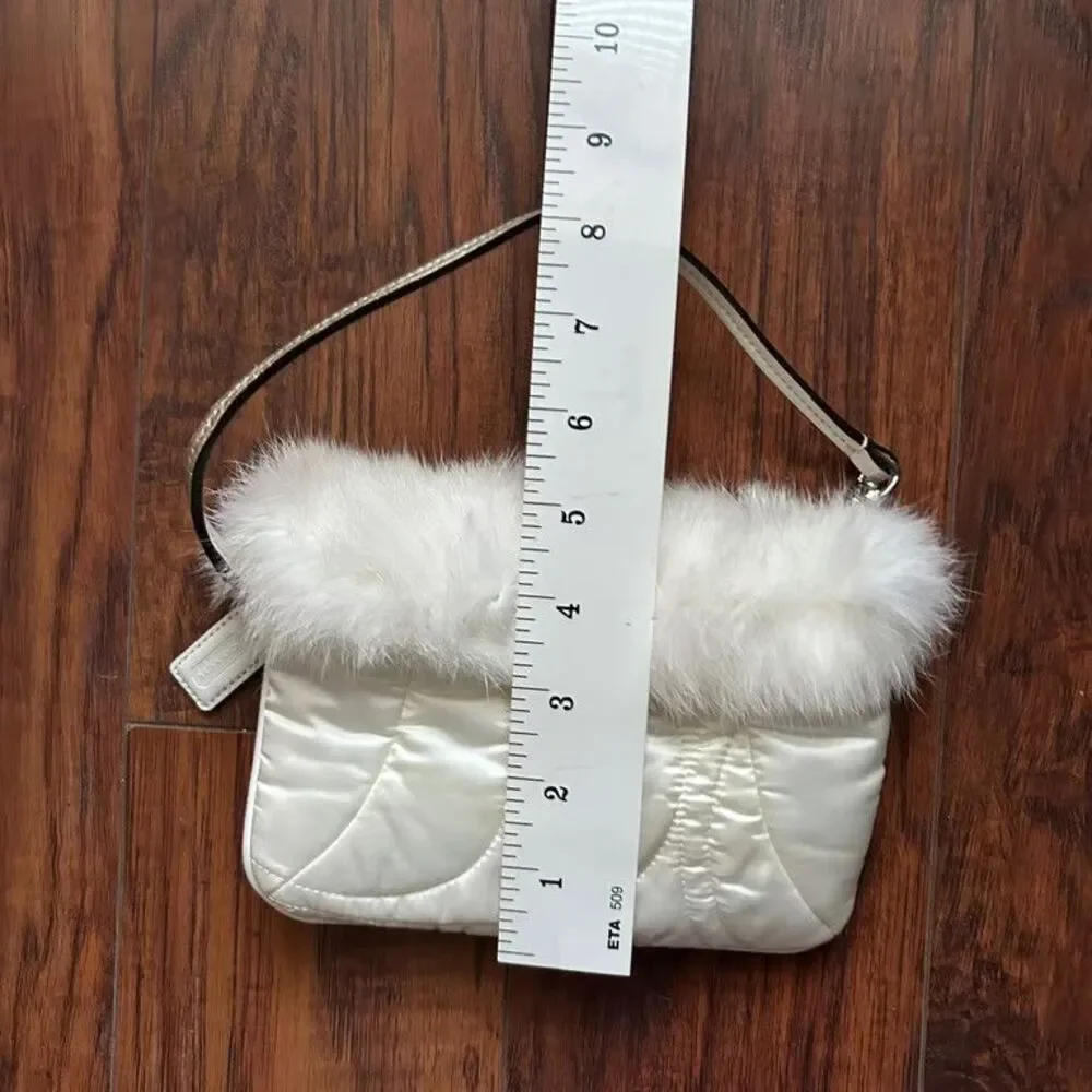 Coach Rabbit Fur Trim Pochette Baguette White Quilted Satin Y2K Mini Handbag
